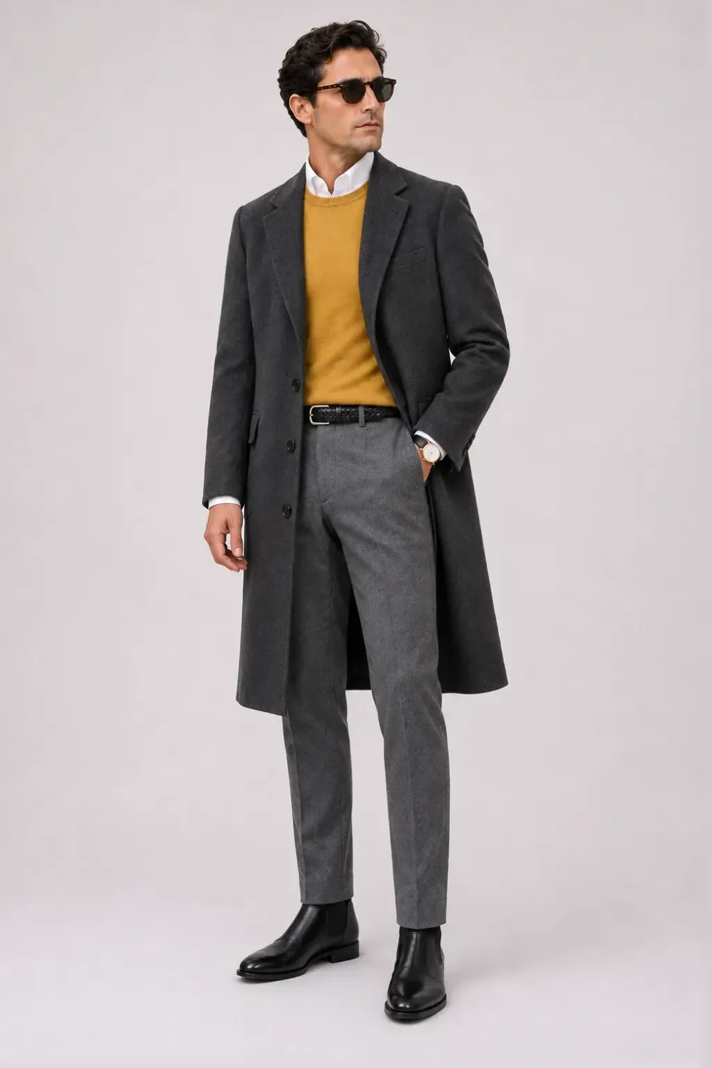 Langer Mantel Dunkelgrau über Crewneck-Pullover Feinstrick, dazu Flanellhose Mittelgrau und Chelsea Boot