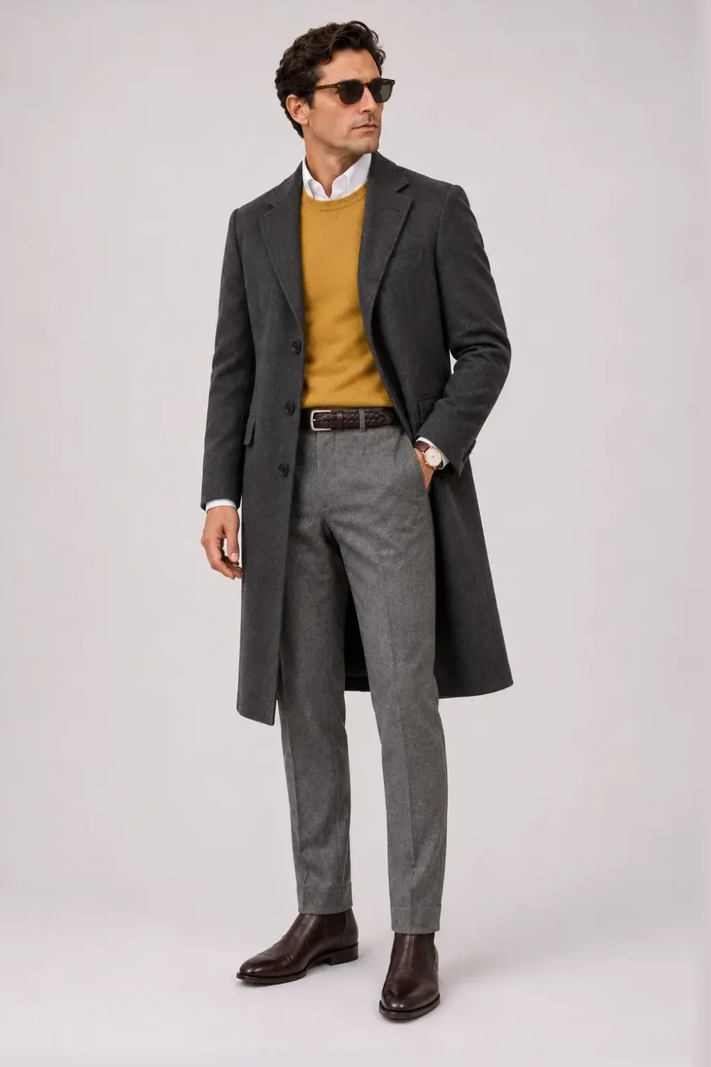 Langer Mantel Dunkelgrau über Crewneck-Pullover Feinstrick, dazu Flanellhose Mittelgrau und Chelsea Boot — Chelsea Boot Dunkelbraun
