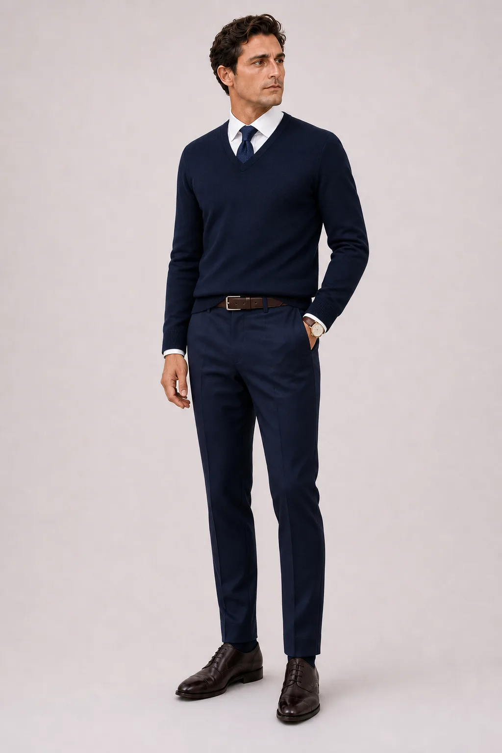 V-Neck-Pullover Feinstrick Navy über Business-Hemd, dazu Anzughose Wolle Navy und Derby