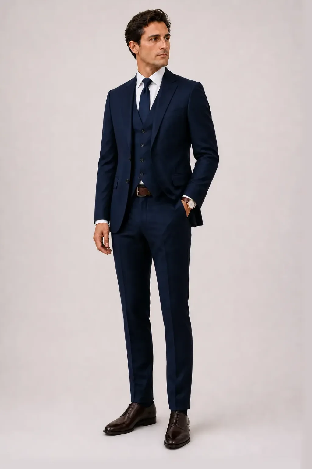 Sport Jacket / Odd Jacket Weiss über Stoffweste, dazu Anzughose Wolle Navy und Oxford