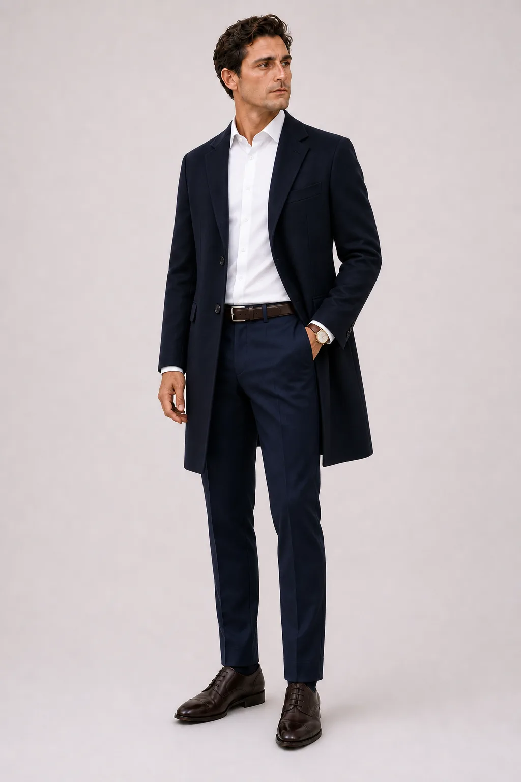 Langer Mantel Navy über Business-Hemd Weiss, dazu Anzughose Wolle Navy und Derby