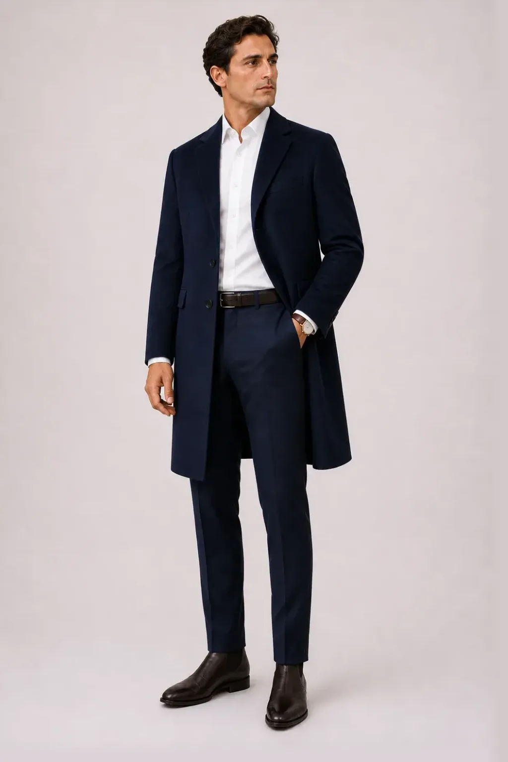 Langer Mantel Navy über Business-Hemd Weiss, dazu Anzughose Wolle Navy und Derby