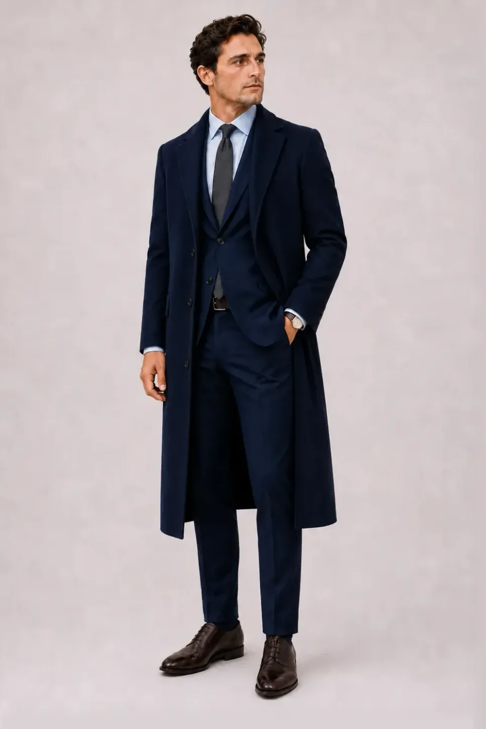 Langer Mantel Navy über Sakko Navy und Business-Hemd Hellblau, dazu Anzughose Wolle Navy und Derby