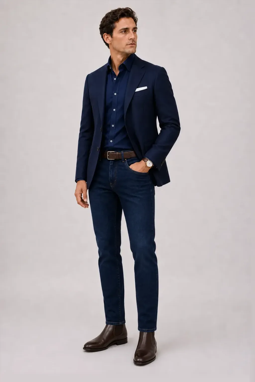 Sakko Navy über Button-Down-Hemd, dazu Jeans Navy und Chelsea Boot