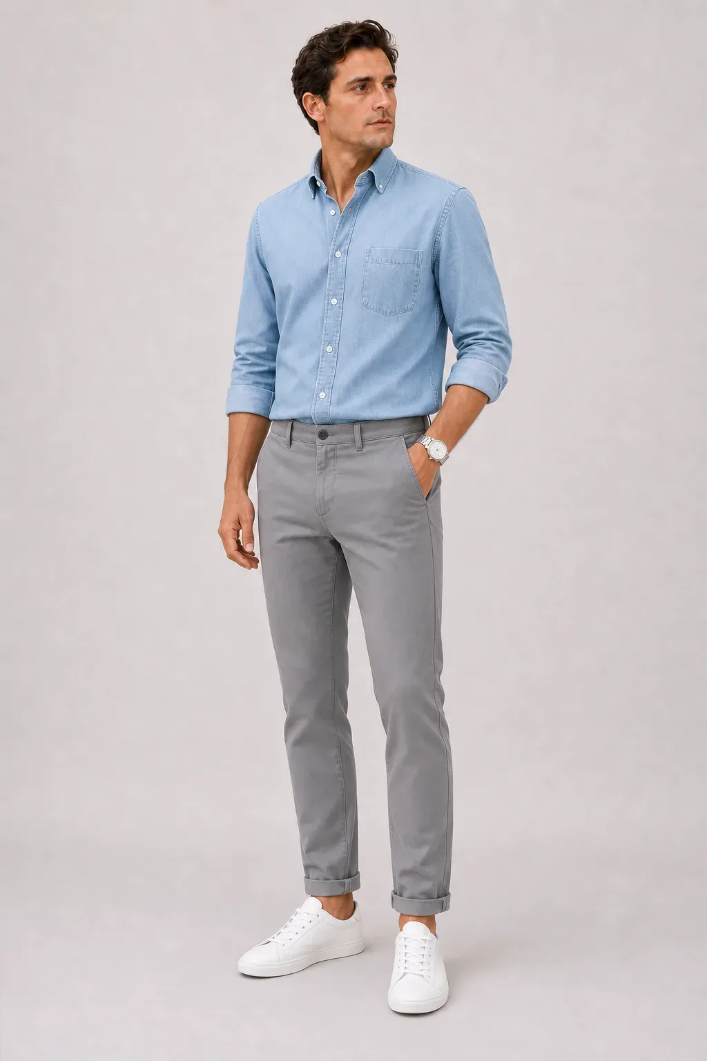 Denim-Hemd Hellblau, dazu Chino Mittelgrau und Sneaker