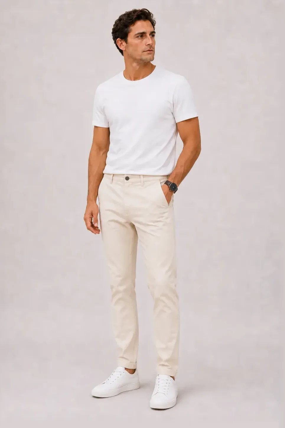 T-Shirt Weiss, dazu Chino Creme und Sneaker