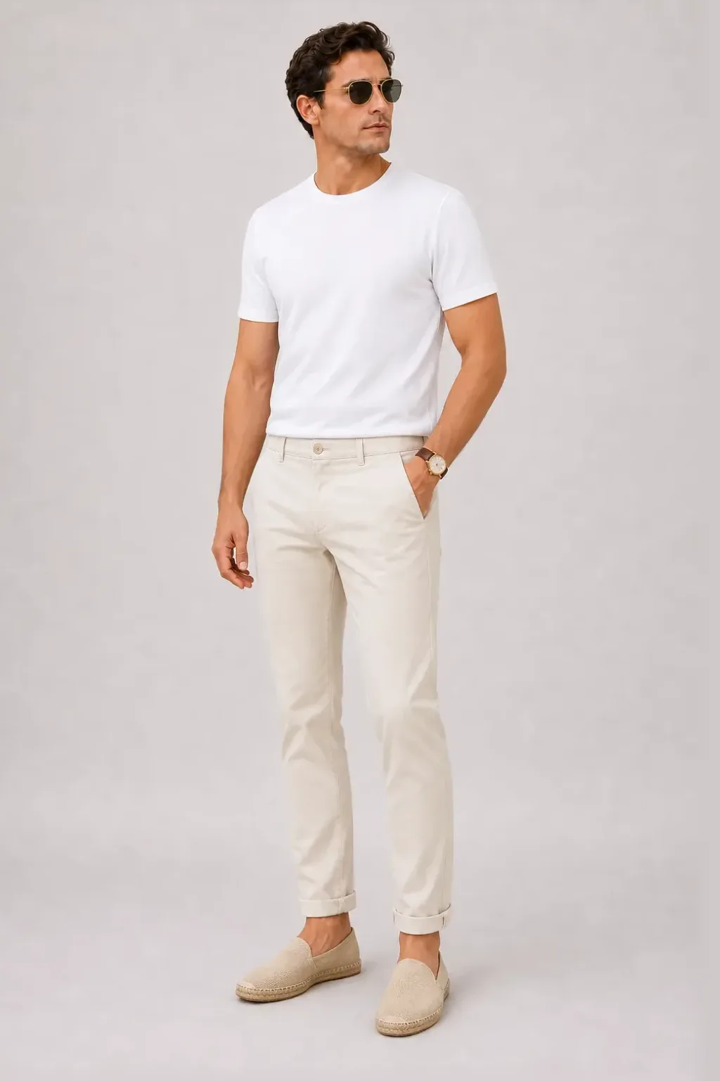 T-Shirt Weiss, dazu Chino Creme und Sneaker