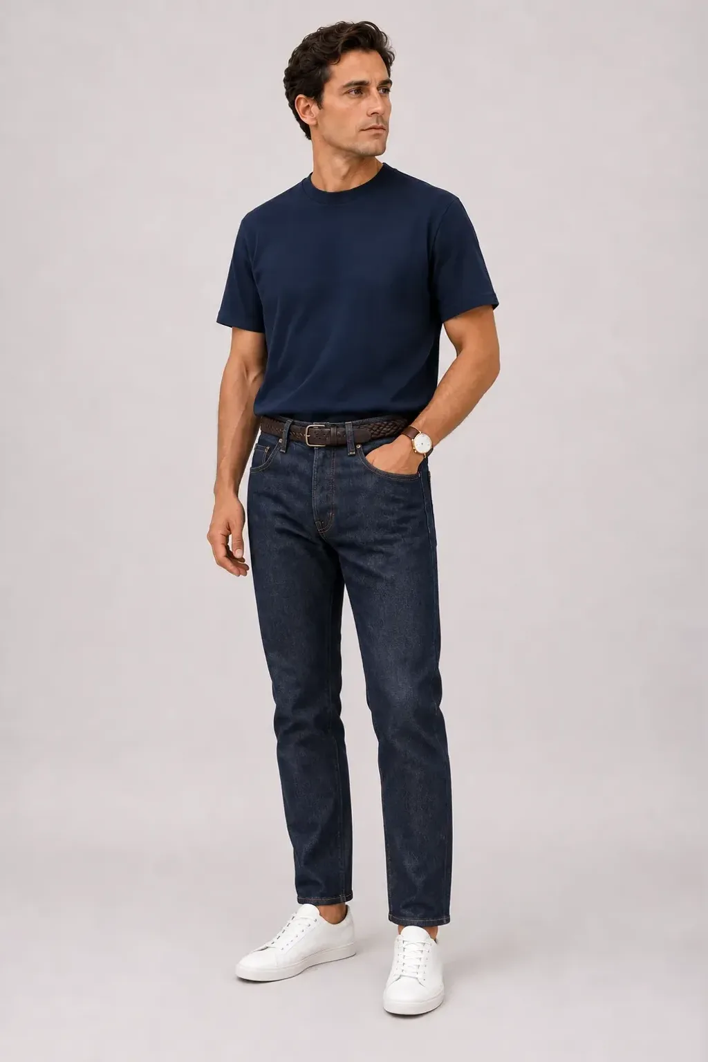 T-Shirt Navy, dazu Jeans Navy und Sneaker