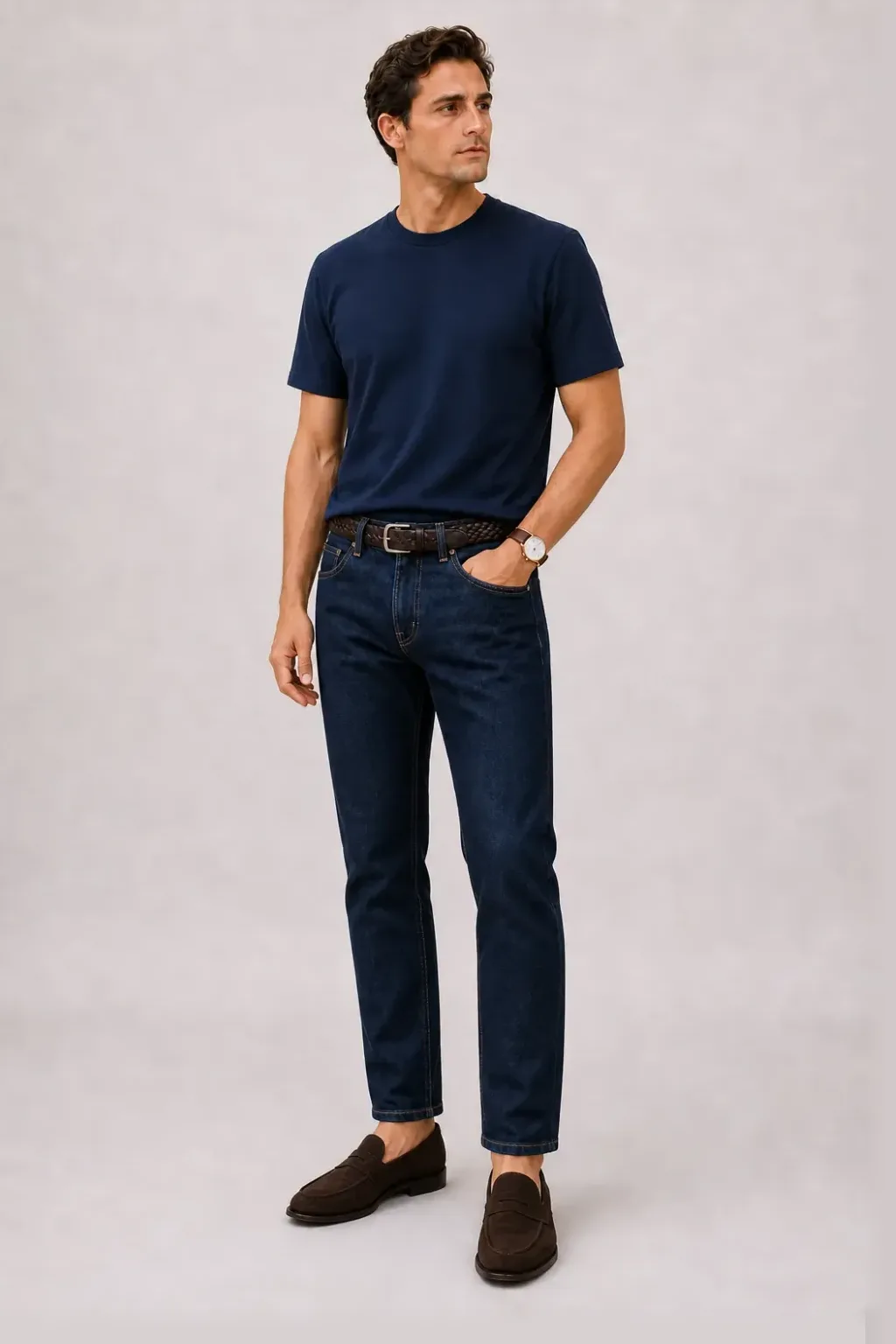 T-Shirt Navy, dazu Jeans Navy und Sneaker