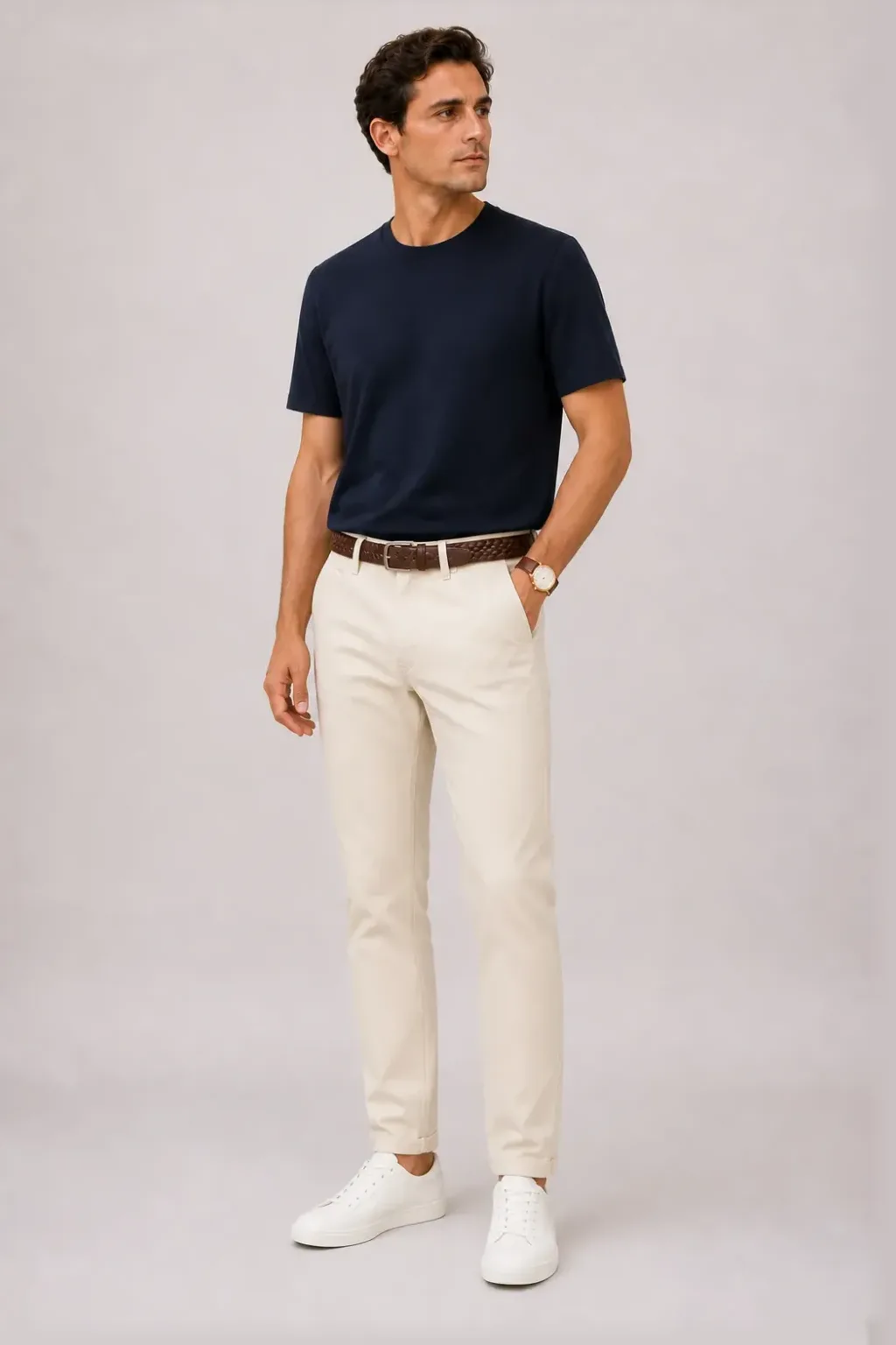 T-Shirt Navy, dazu Chino Creme und Sneaker