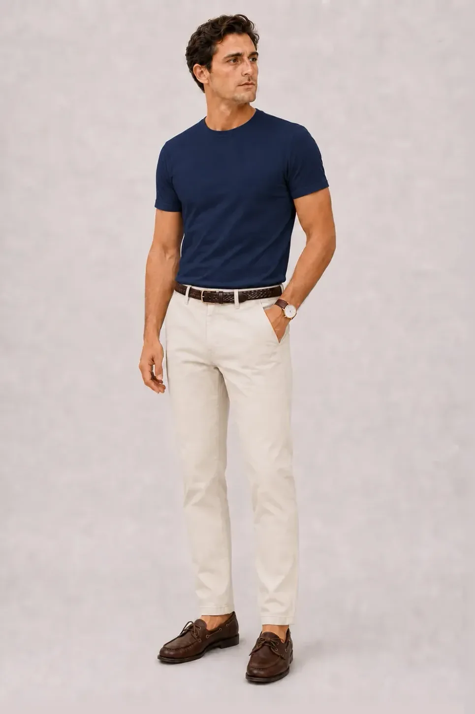 T-Shirt Navy, dazu Chino Creme und Sneaker