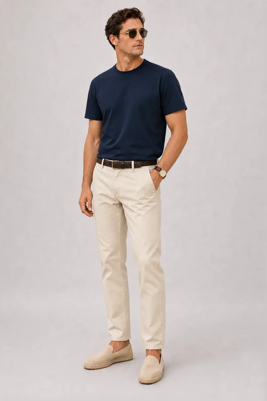 T-Shirt Navy, dazu Chino Creme und Sneaker