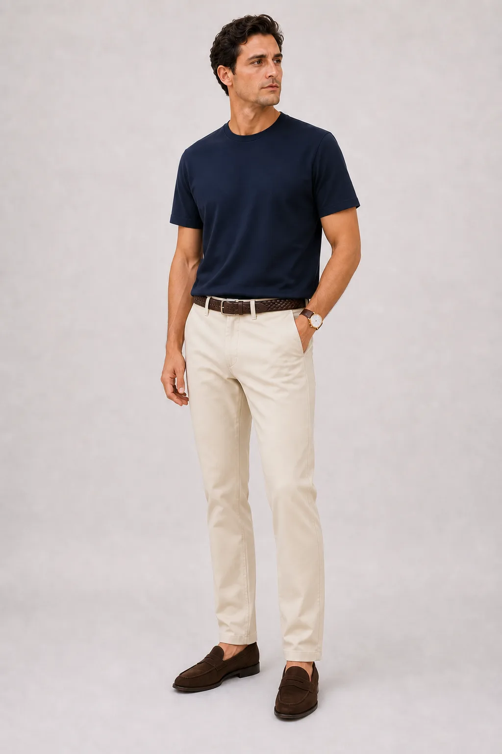 T-Shirt Navy, dazu Chino Creme und Sneaker