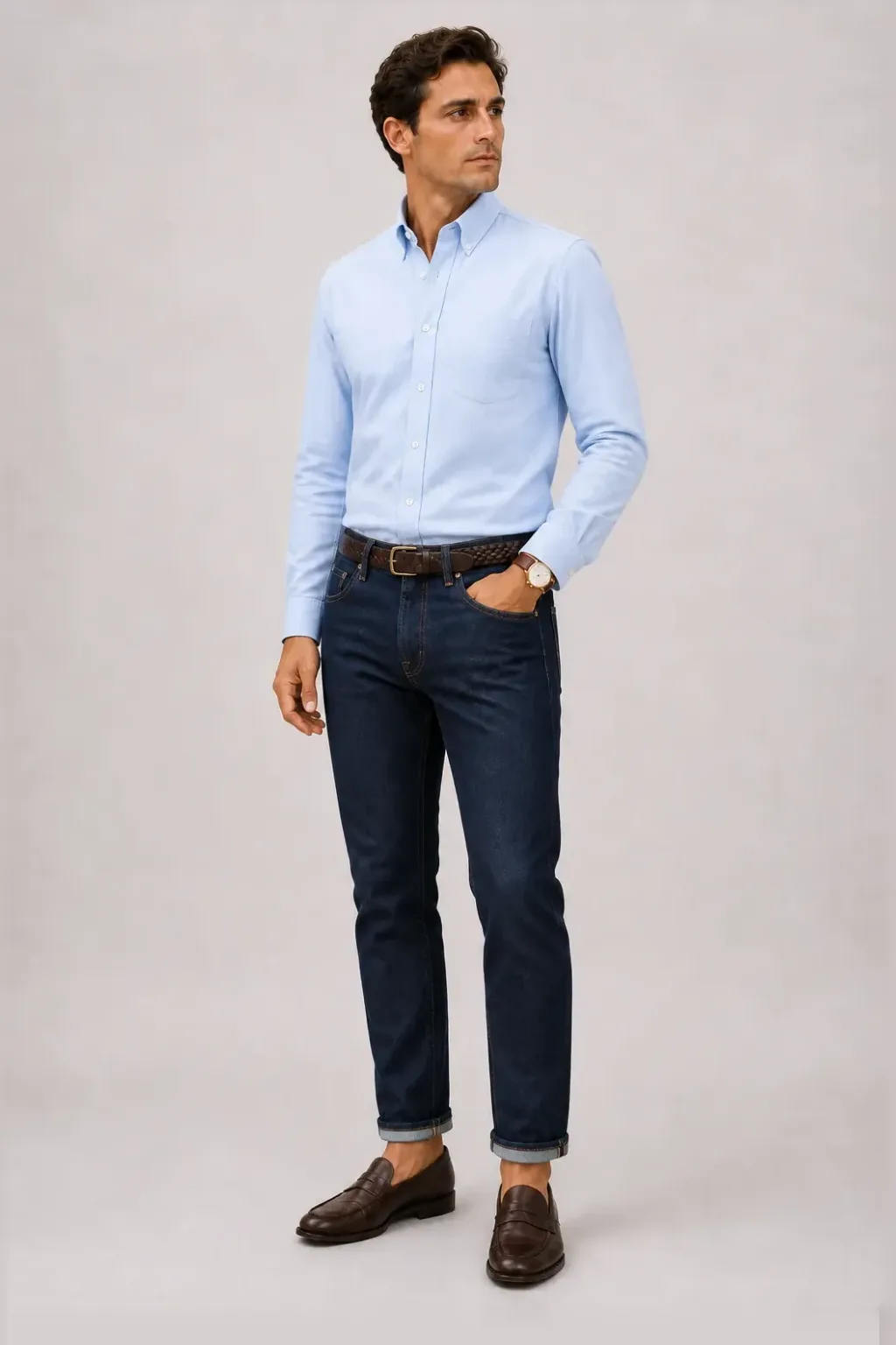 Button-Down-Hemd Hellblau, dazu Jeans Navy und Penny Loafer