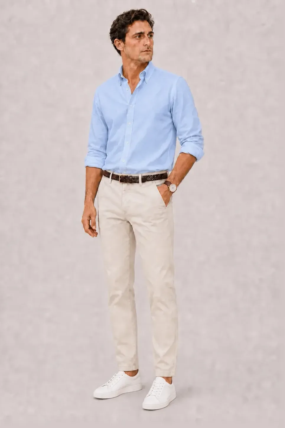 Button-Down-Hemd Hellblau, dazu Chino Creme und Sneaker