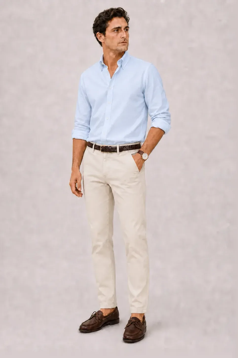 Button-Down-Hemd Hellblau, dazu Chino Creme und Sneaker