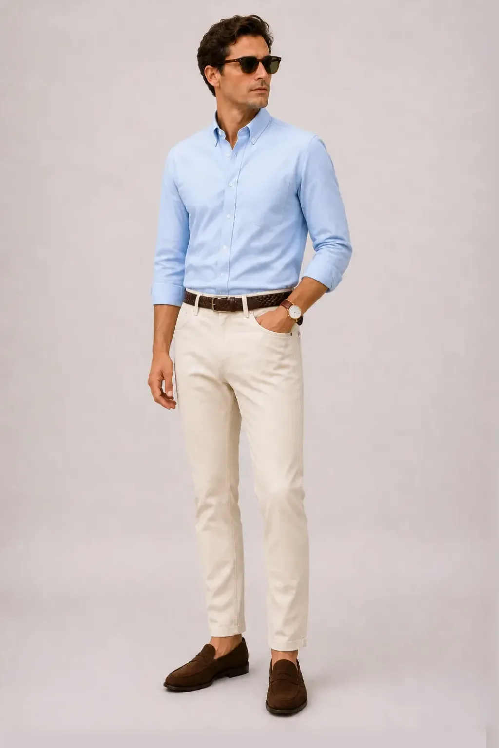 Button-Down-Hemd Hellblau, dazu Chino Creme und Sneaker
