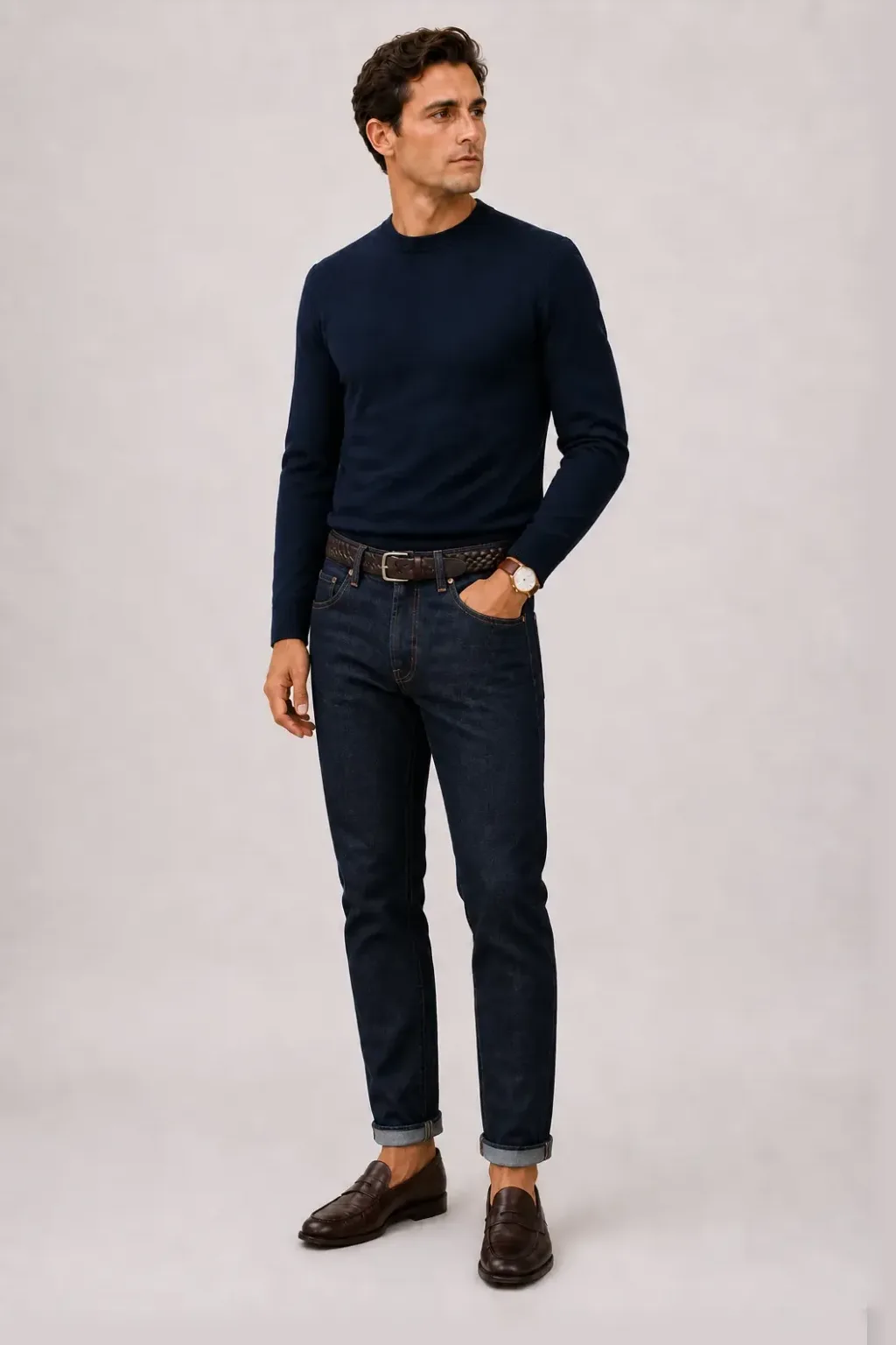 Crewneck-Pullover Feinstrick Navy, dazu Jeans Navy und Penny Loafer
