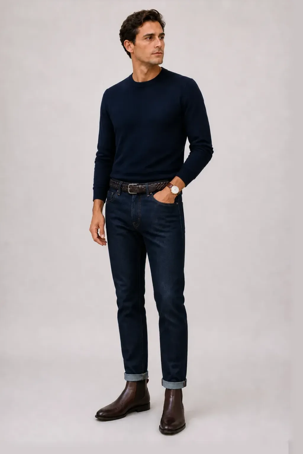 Crewneck-Pullover Feinstrick Navy, dazu Jeans Navy und Penny Loafer