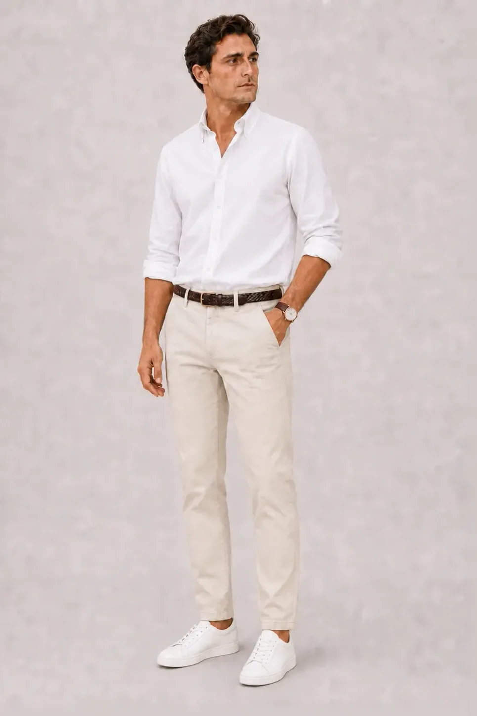 T-Shirt Navy, dazu Chino Creme und Sneaker — Button-Down-Hemd Weiss