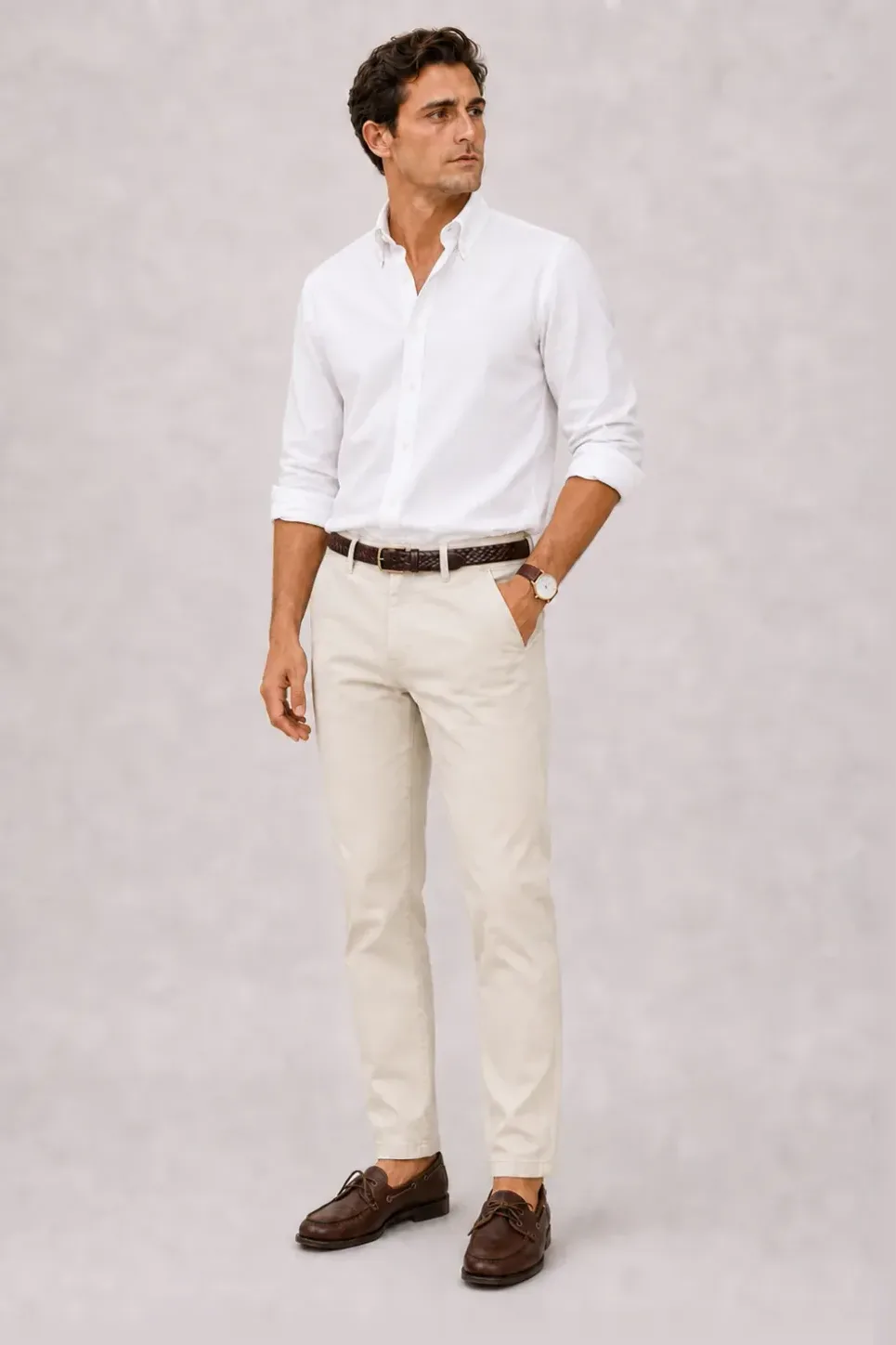 Button-Down-Hemd Weiss, dazu Chino Creme und Sneaker