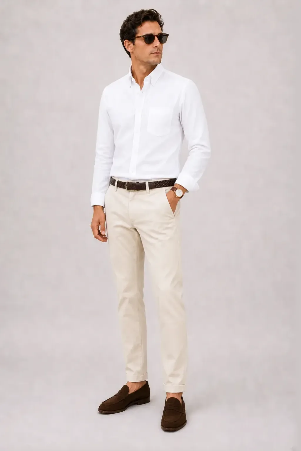 Button-Down-Hemd Weiss, dazu Chino Creme und Sneaker