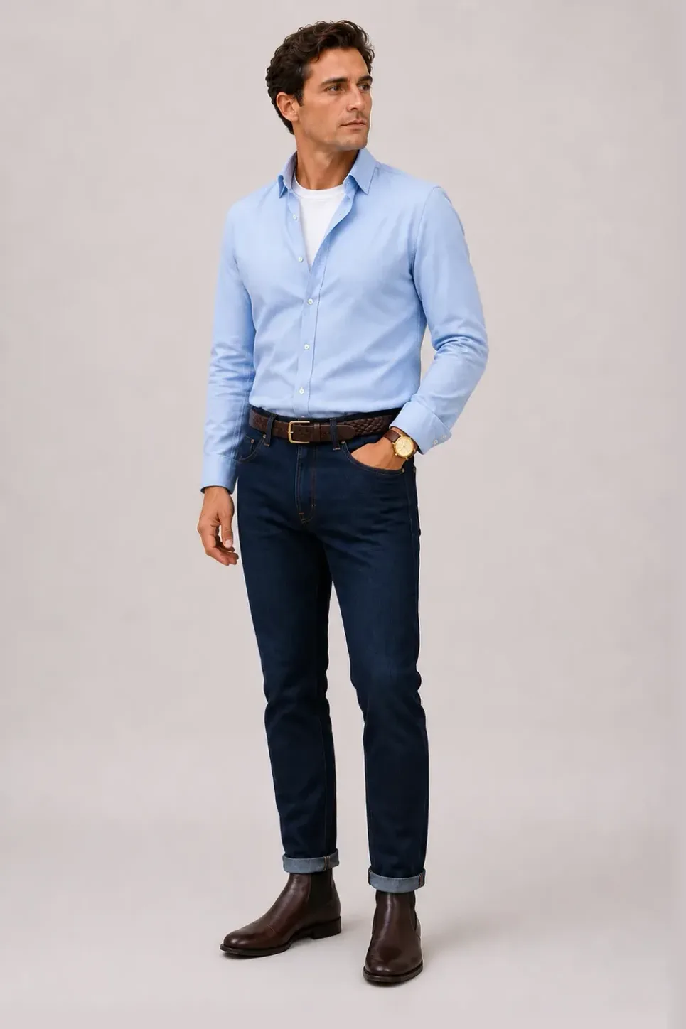 Button-Down-Hemd Hellblau über T-Shirt, dazu Jeans Navy und Sneaker