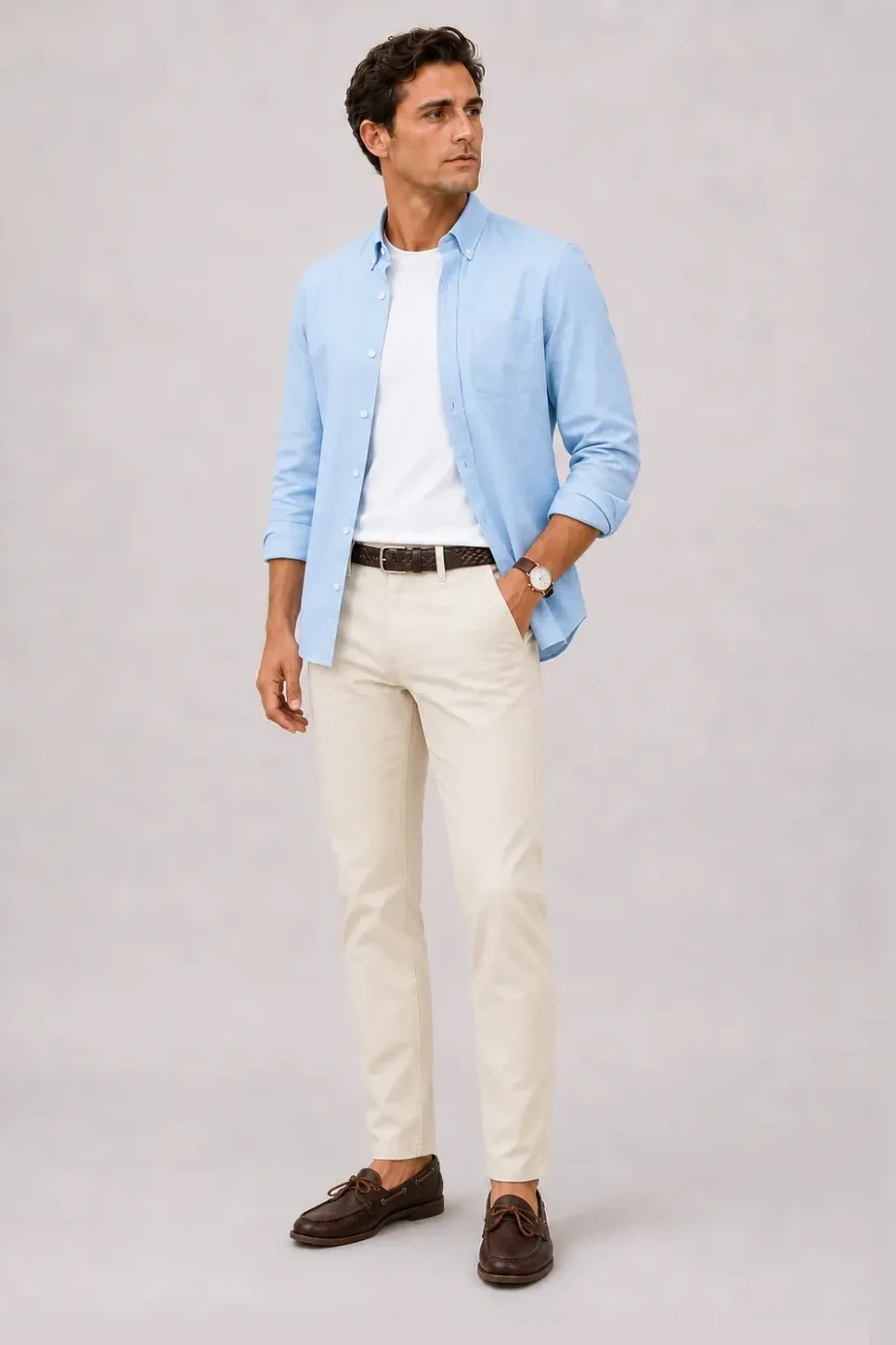 Button-Down-Hemd Hellblau über T-Shirt, dazu Chino Creme und Chelsea Boot — Bootsschuh Dunkelbraun