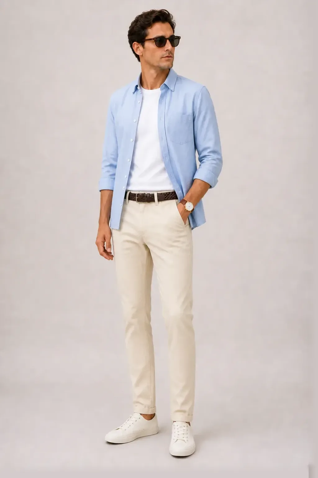 Button-Down-Hemd Hellblau über T-Shirt, dazu Chino Creme und Chelsea Boot — Canvas Sneaker Off-White