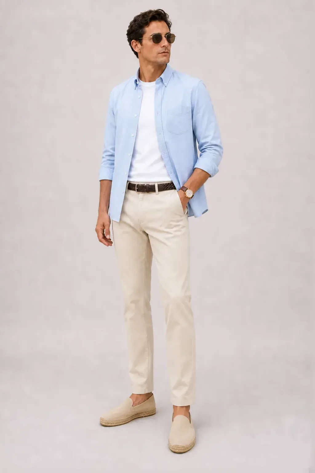 Button-Down-Hemd Hellblau über T-Shirt, dazu Chino Creme und Chelsea Boot — Espadrille Beige