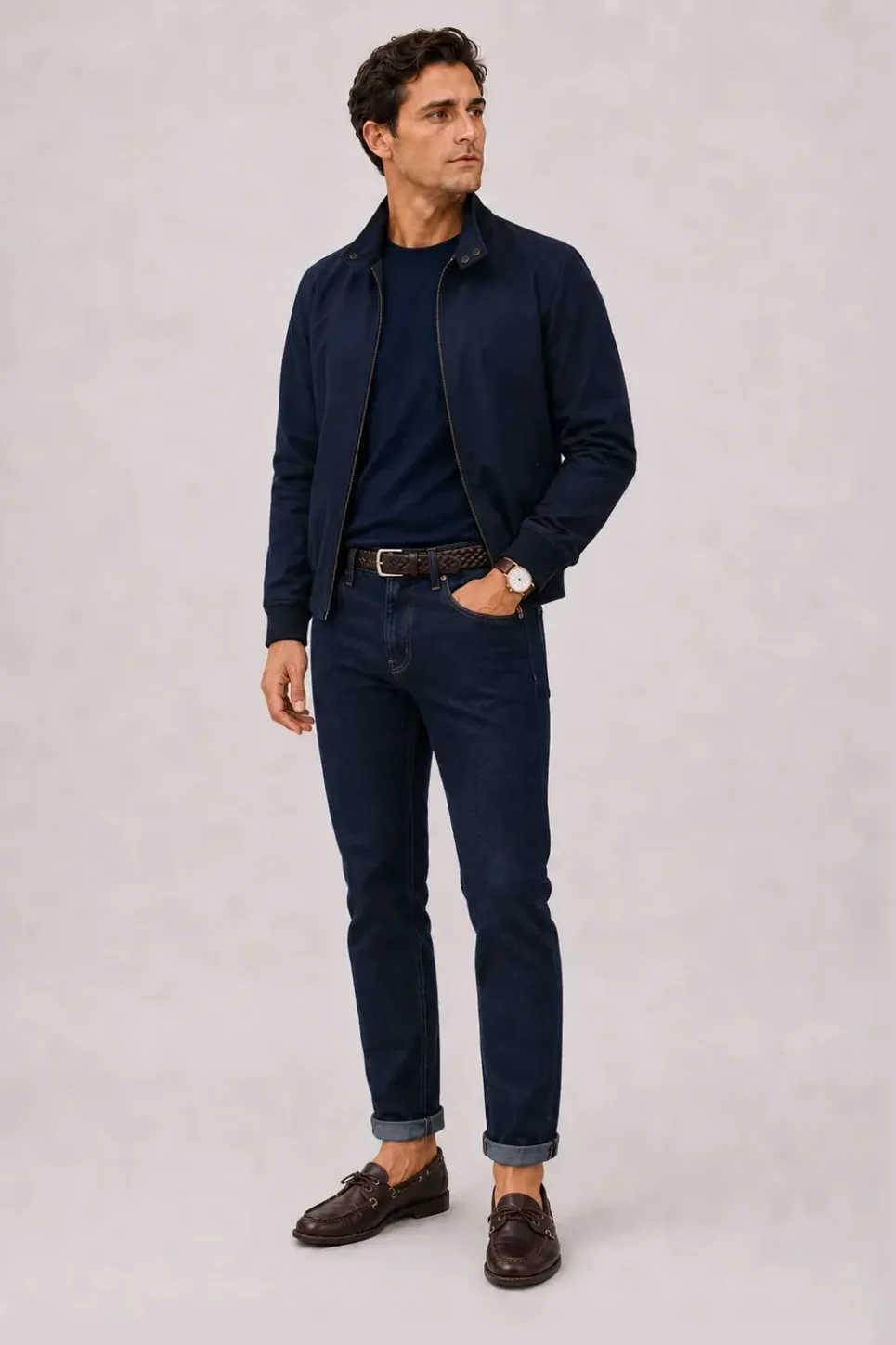 Harrington Blouson Navy über T-Shirt, dazu Jeans Navy und Chelsea Boot