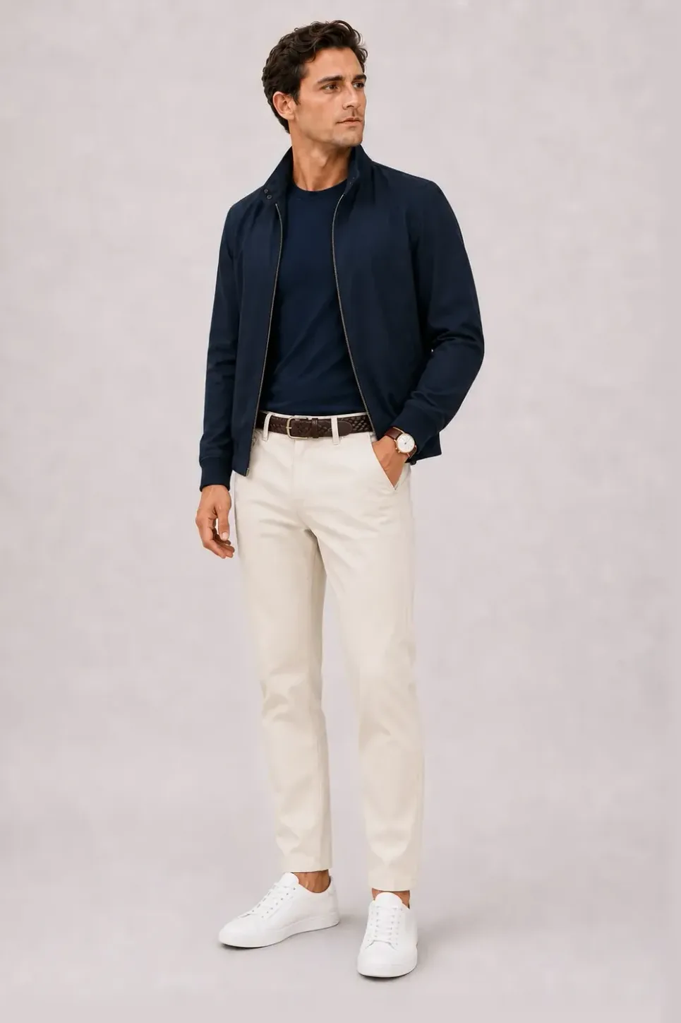 Harrington Blouson Navy über T-Shirt, dazu Chino Creme und Sneaker