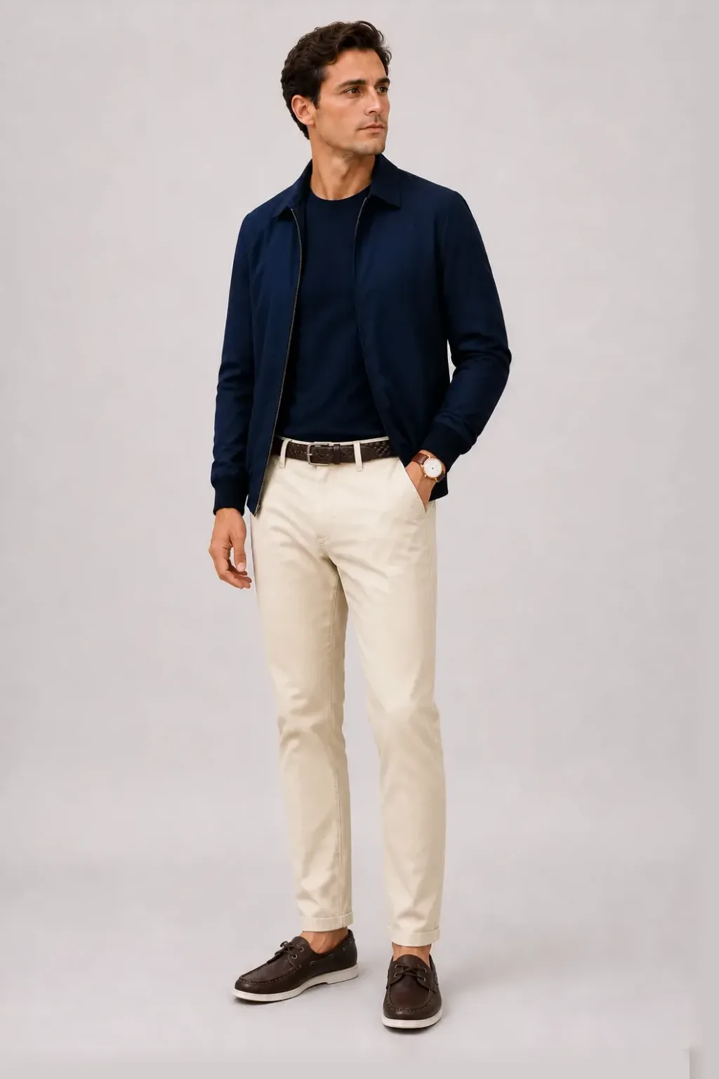 Harrington Blouson Navy über T-Shirt, dazu Chino Creme und Sneaker
