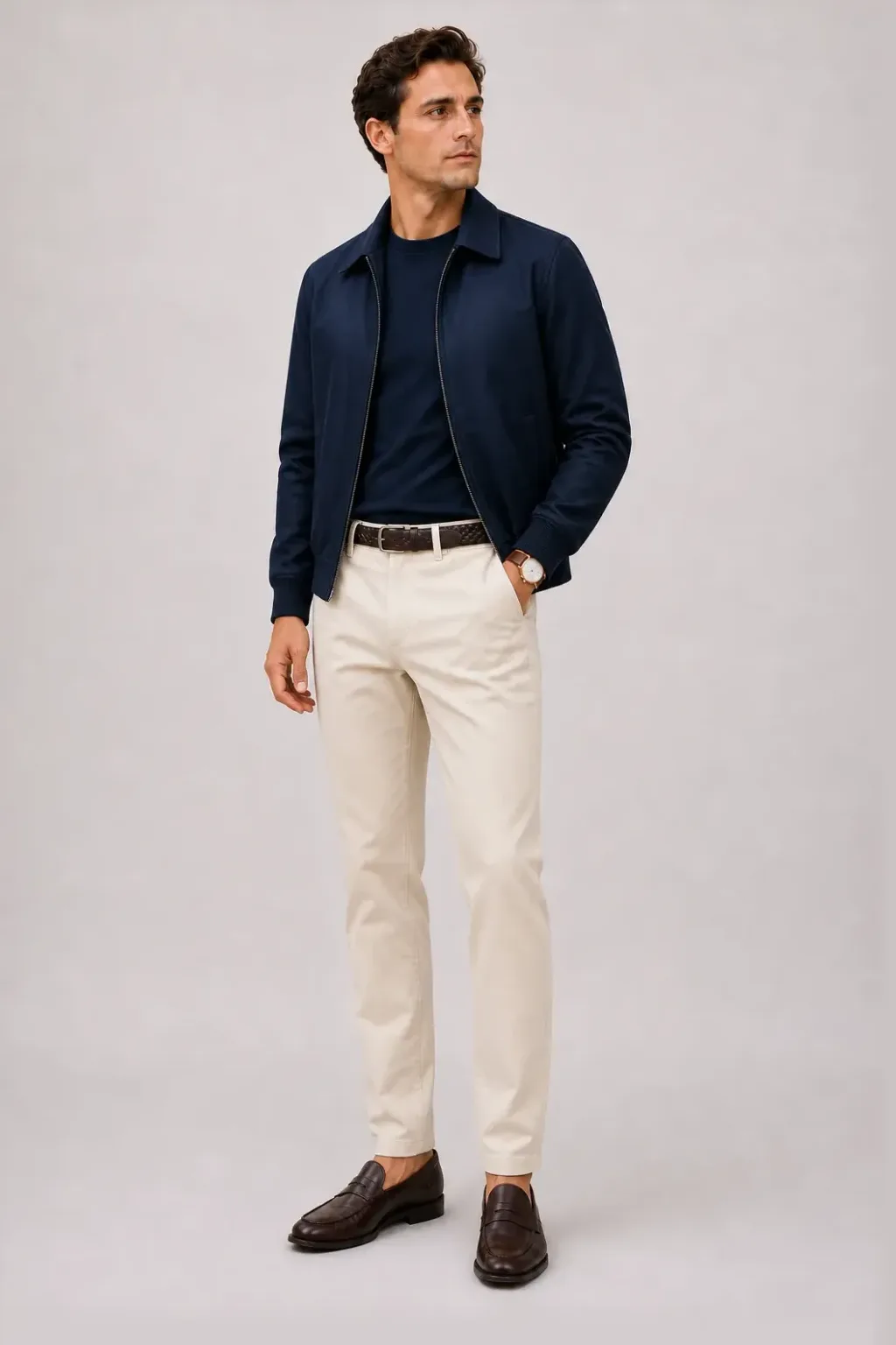 Harrington Blouson Navy über T-Shirt, dazu Chino Creme und Sneaker