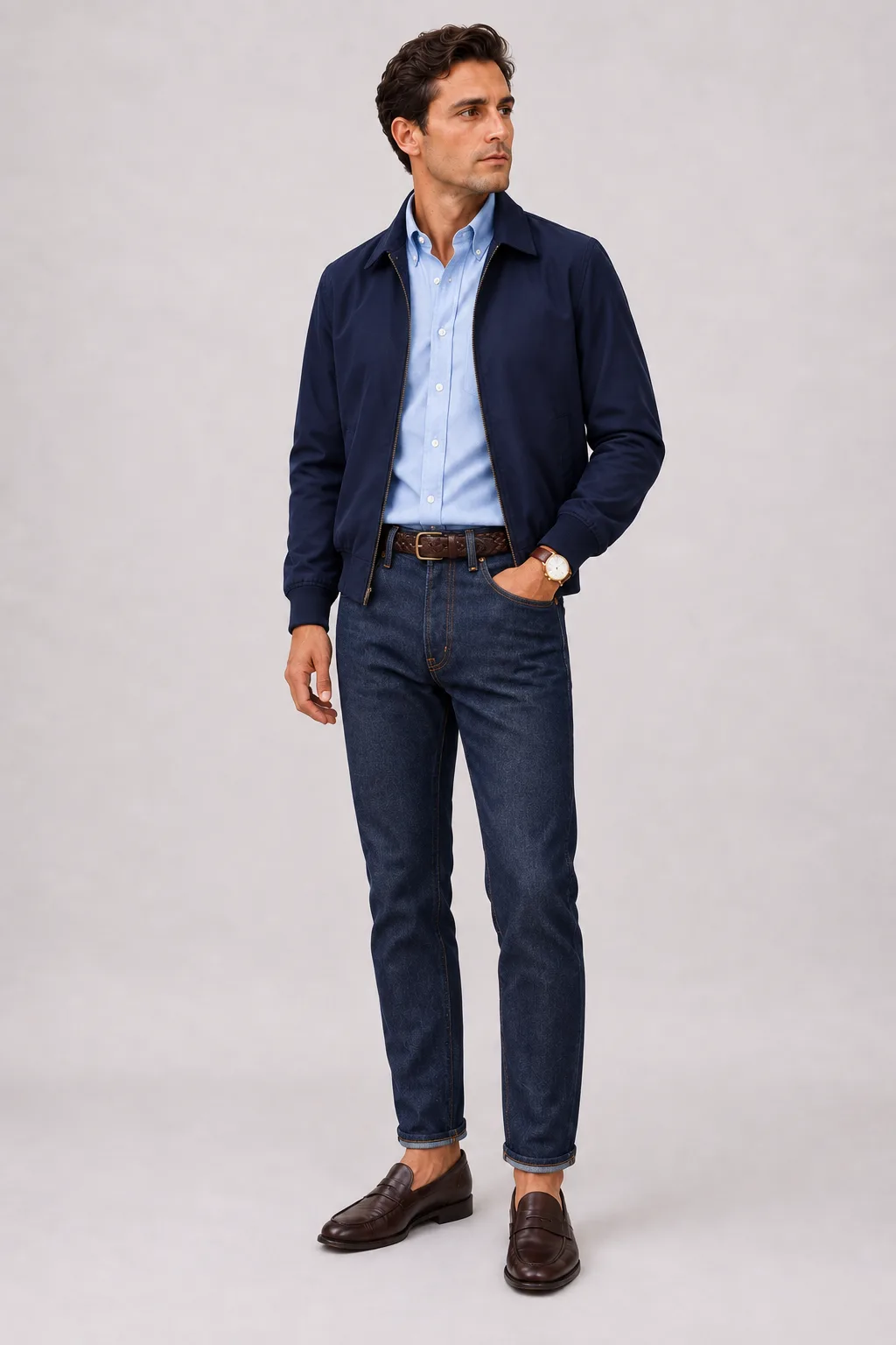 Harrington Blouson Navy über Strickpolo, dazu Jeans Navy und Penny Loafer — Button-Down-Hemd Hellblau