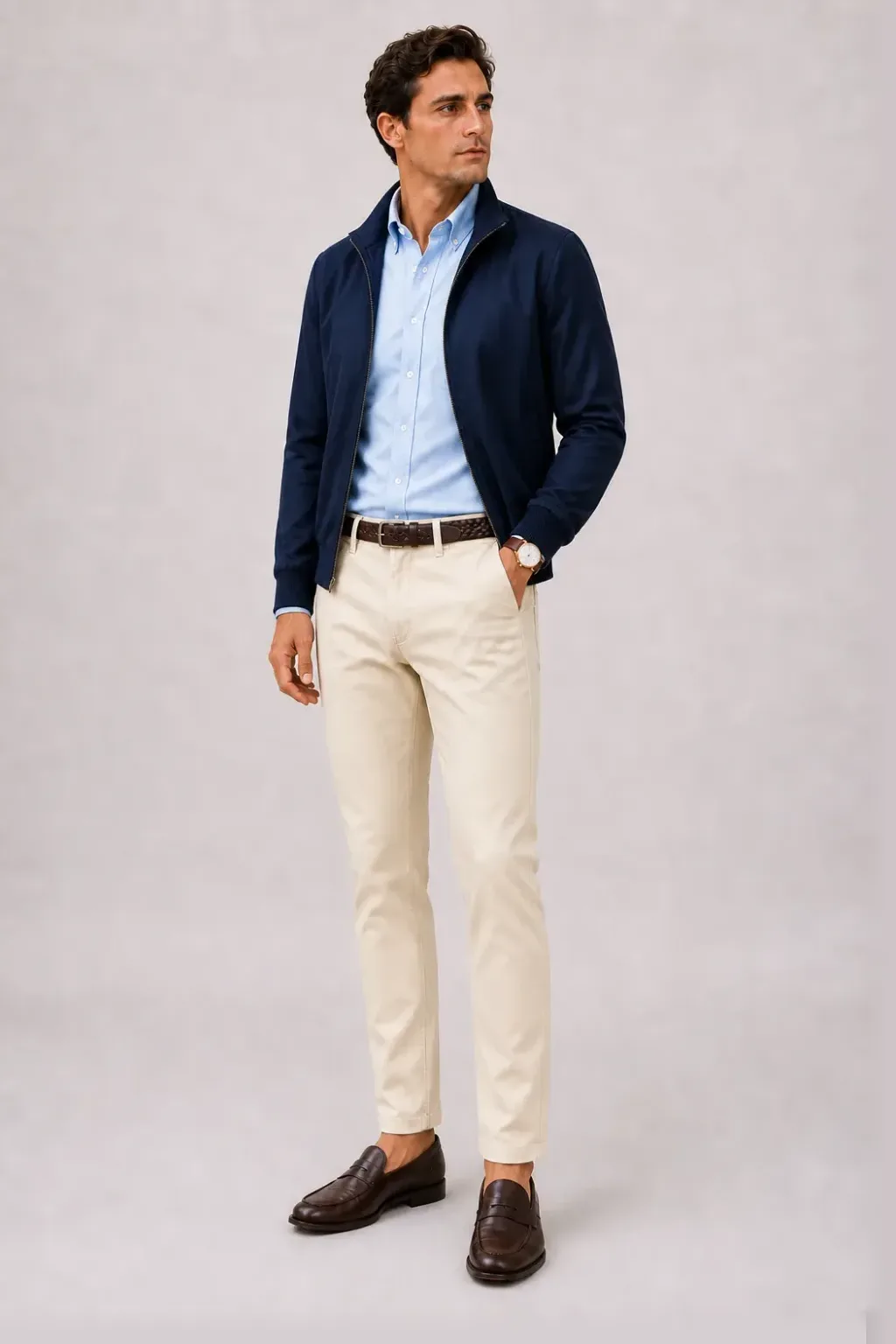 Harrington Blouson Navy über Button-Down-Hemd, dazu Chino Creme und Penny Loafer