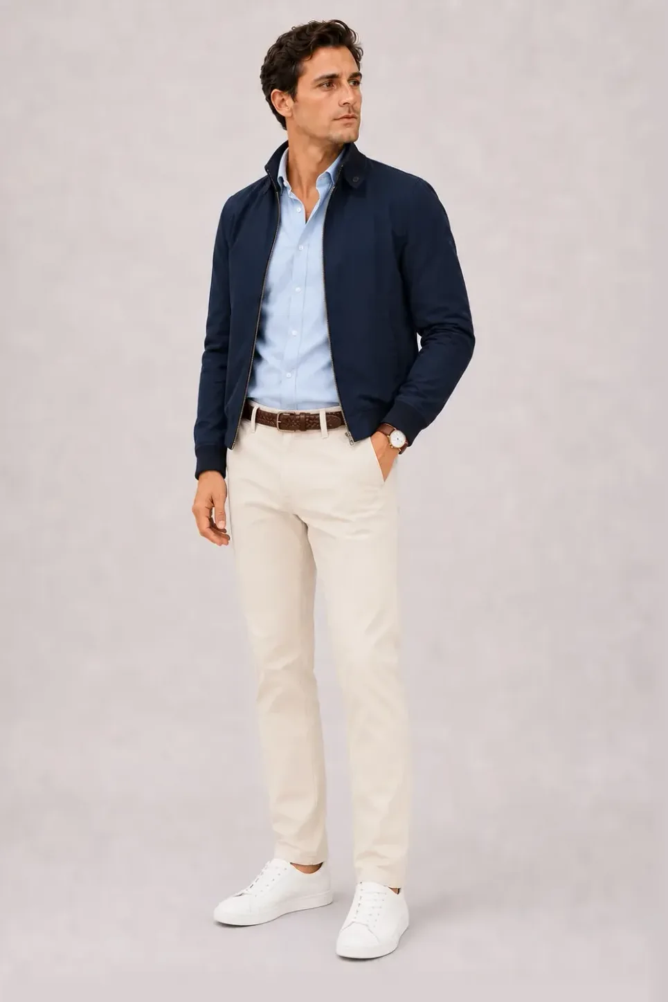 Harrington Blouson Navy über Button-Down-Hemd, dazu Chino Creme und Penny Loafer