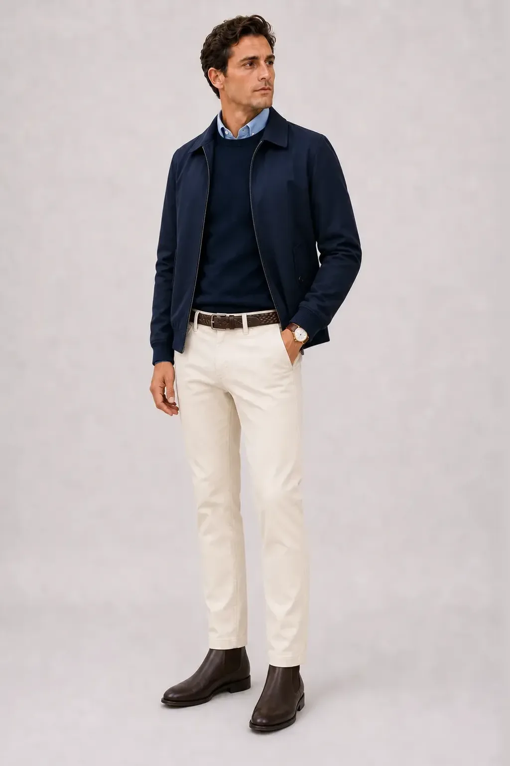 Harrington Blouson Navy über Crewneck-Pullover Feinstrick Navy und Button-Down-Hemd Hellblau, dazu Chino Creme und Sneaker