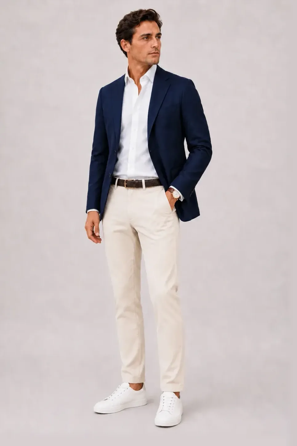 Sakko Navy über Button-Down-Hemd, dazu Chino Creme und Sneaker