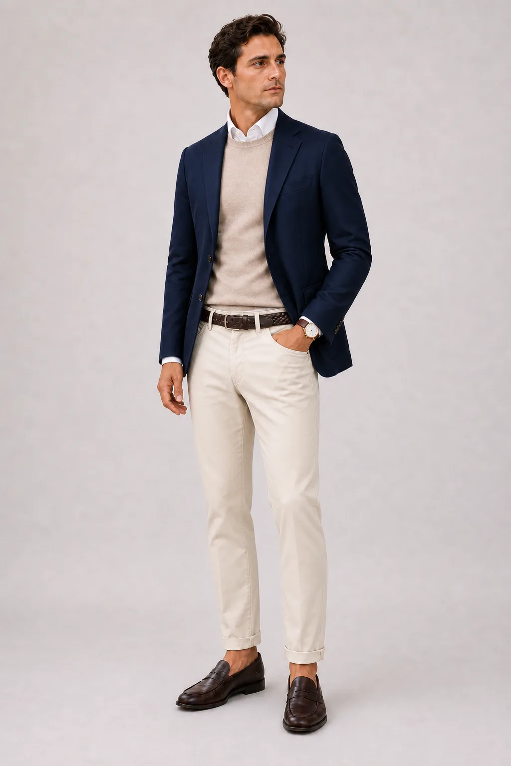 Sakko Navy über Crewneck-Pullover Feinstrick Schokobraun und Button-Down-Hemd Weiss, dazu Chino Creme und Penny Loafer — Crewneck-Pullover Feinstrick Beige