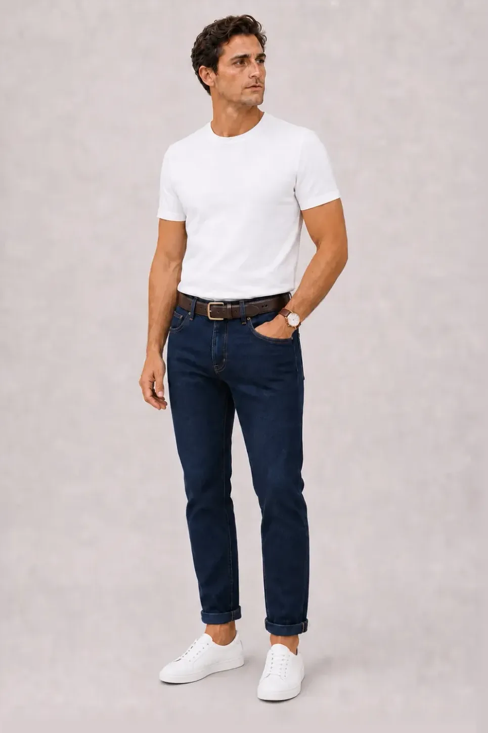 T-Shirt Weiss, dazu Jeans Navy und Sneaker