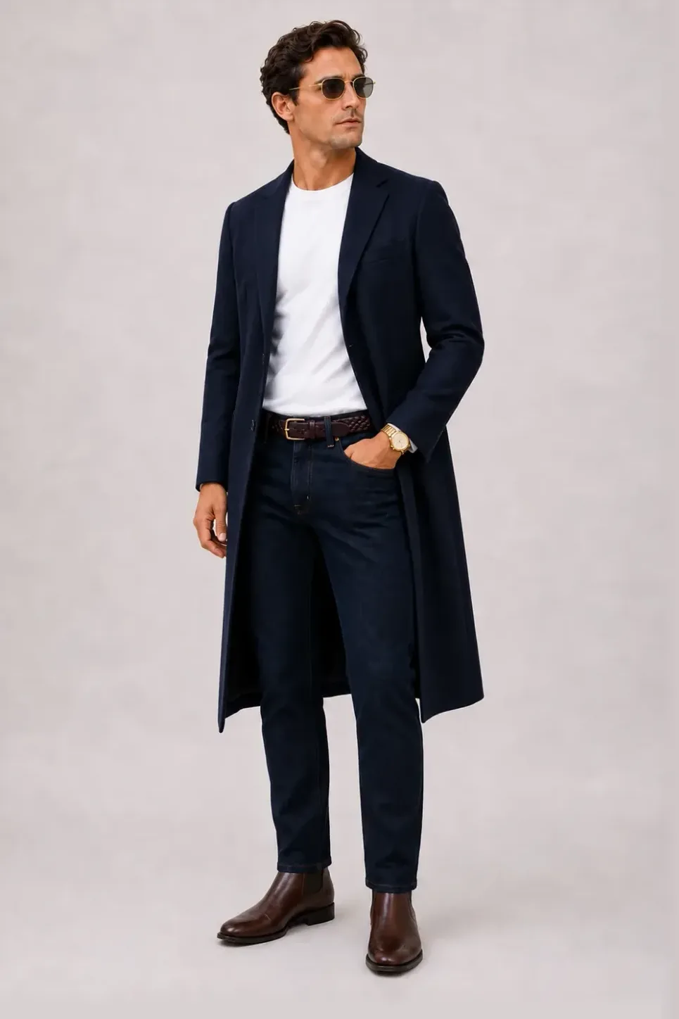 Langer Mantel Navy über T-Shirt Weiss, dazu Jeans Navy und Chelsea Boot
