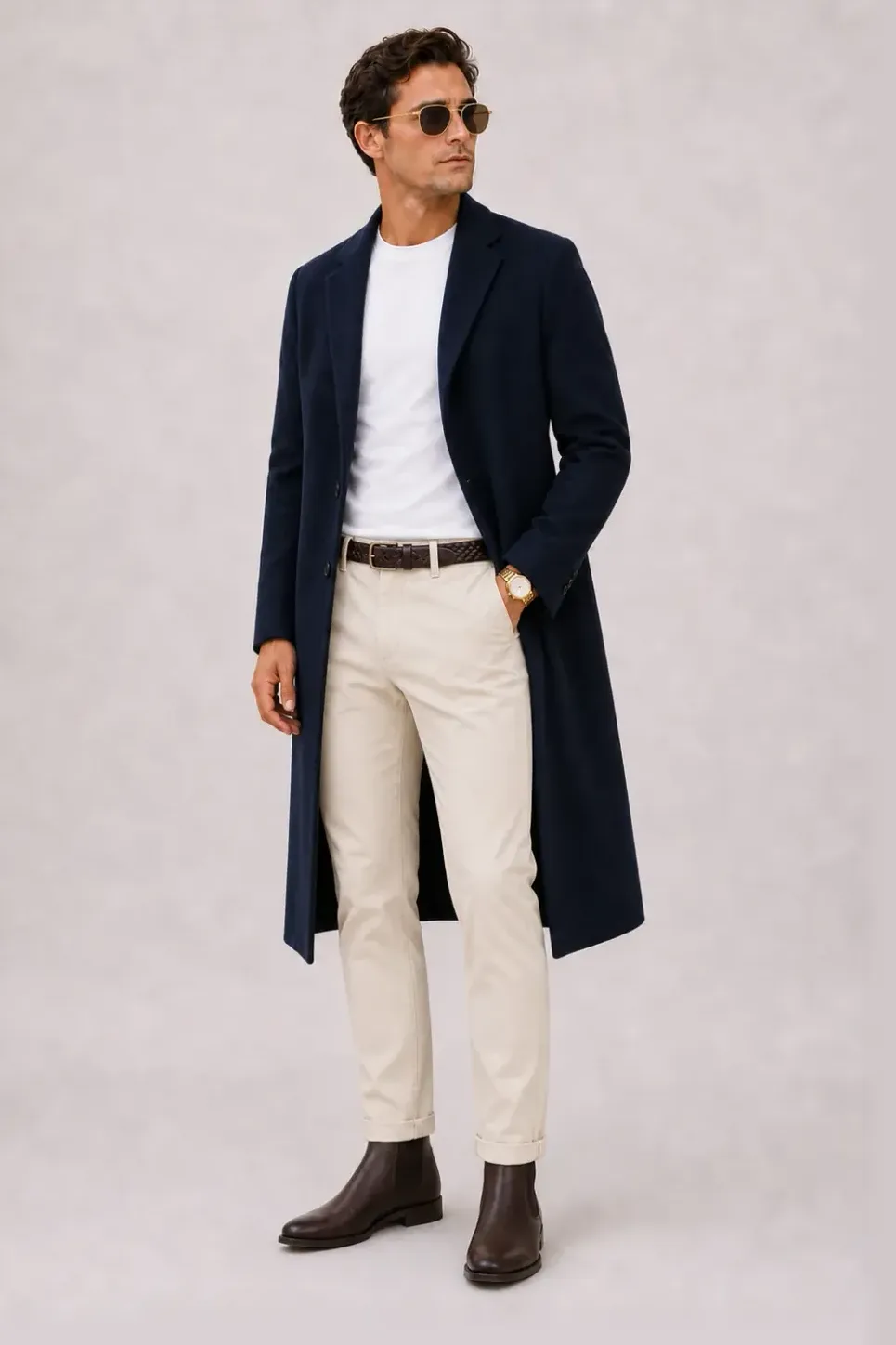Langer Mantel Navy über T-Shirt, dazu Chino Creme und Chelsea Boot