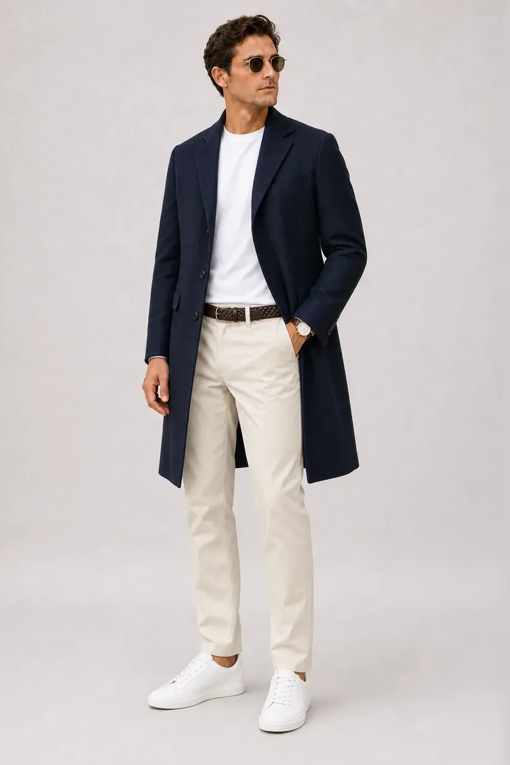 Langer Mantel Navy über T-Shirt, dazu Chino Creme und Chelsea Boot