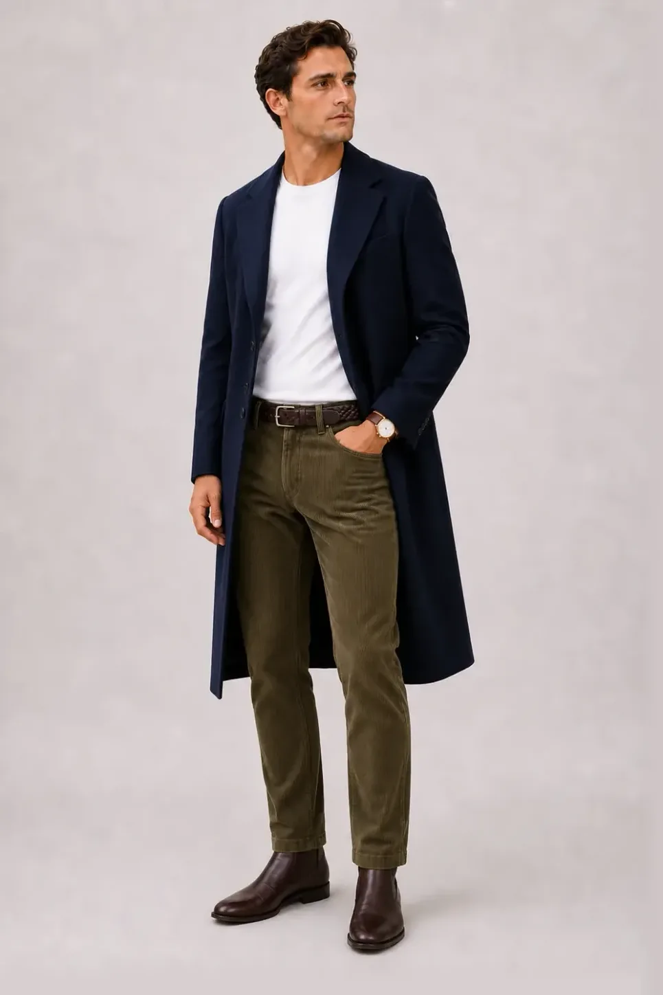 Langer Mantel Navy über Crewneck-Pullover Feinstrick Hellgrau und Button-Down-Hemd Hellblau, dazu Cordhose Oliv und Chelsea Boot — T-Shirt Weiss