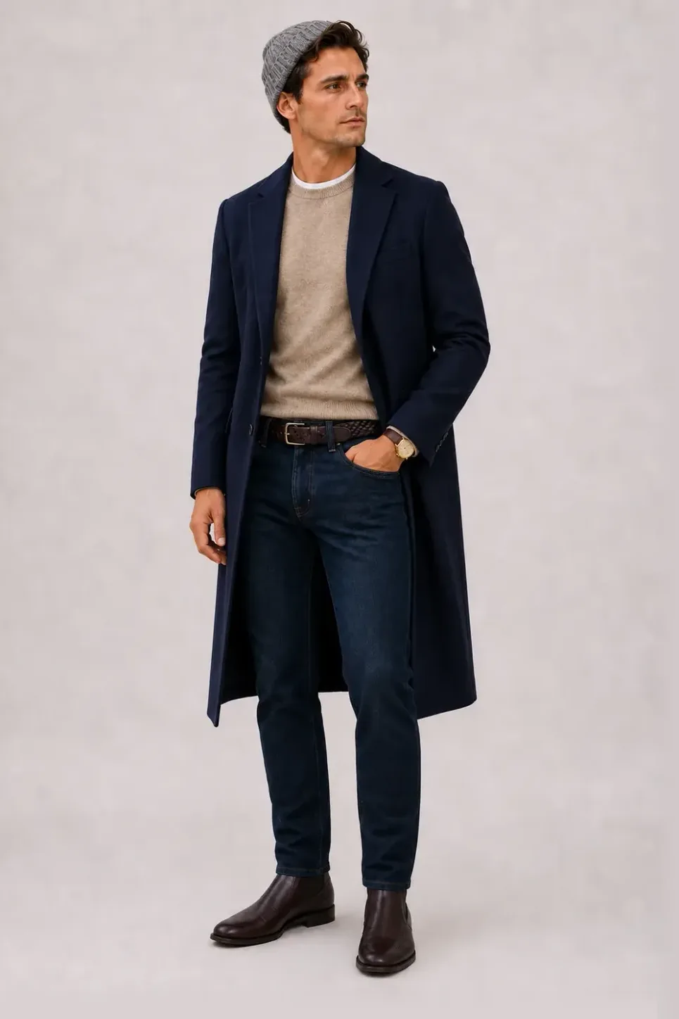 Langer Mantel Navy über Crewneck-Pullover Feinstrick Beige und T-Shirt Weiss, dazu Jeans Navy und Chelsea Boot