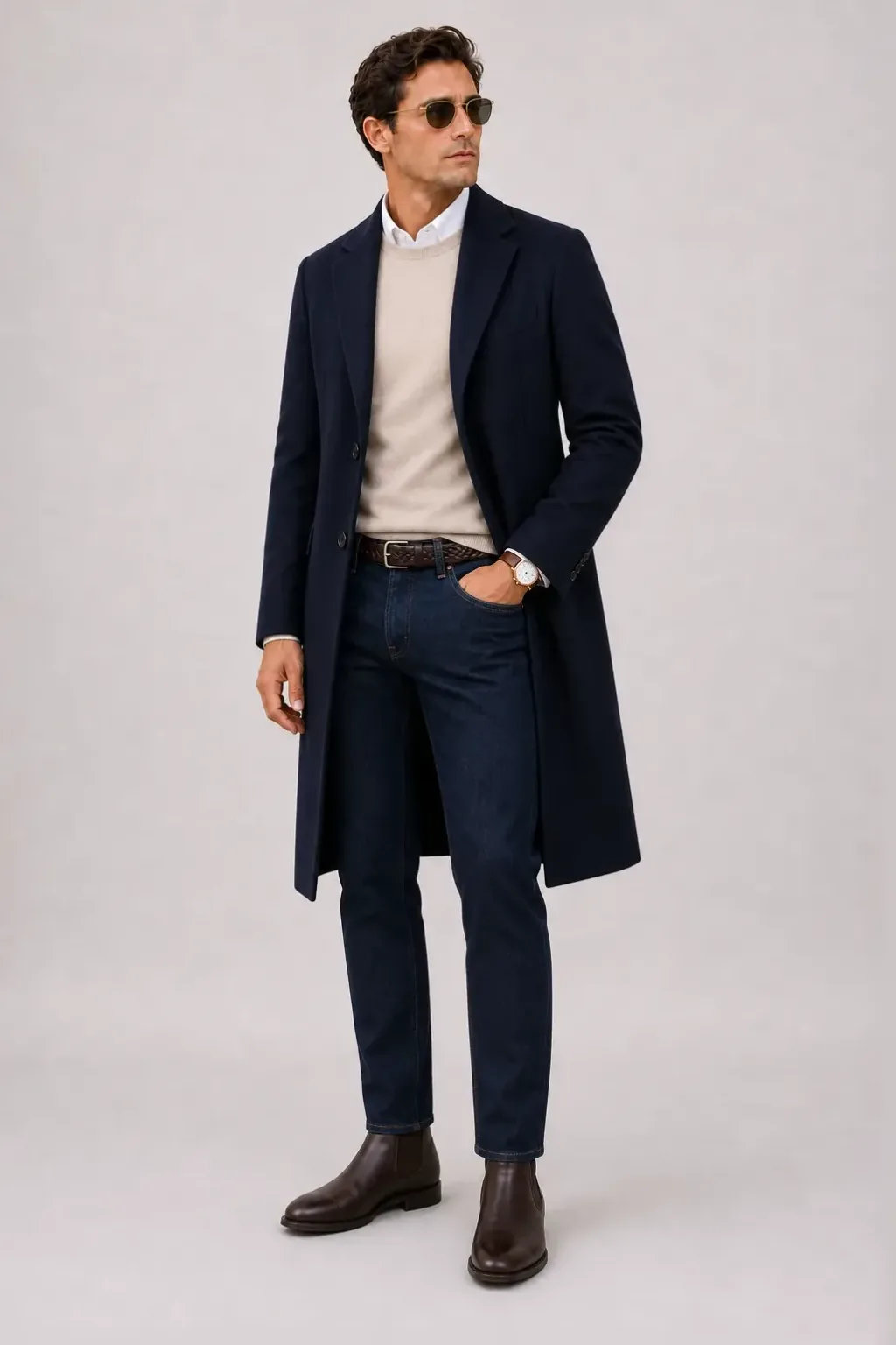 Langer Mantel Navy über Crewneck-Pullover Feinstrick Beige und T-Shirt Weiss, dazu Jeans Navy und Chelsea Boot — Button-Down-Hemd Weiss