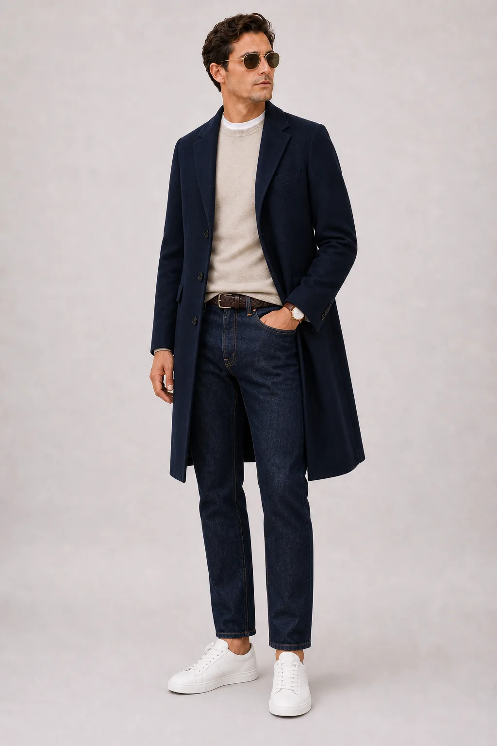 Langer Mantel Navy über Crewneck-Pullover Feinstrick Beige und T-Shirt Weiss, dazu Jeans Navy und Chelsea Boot