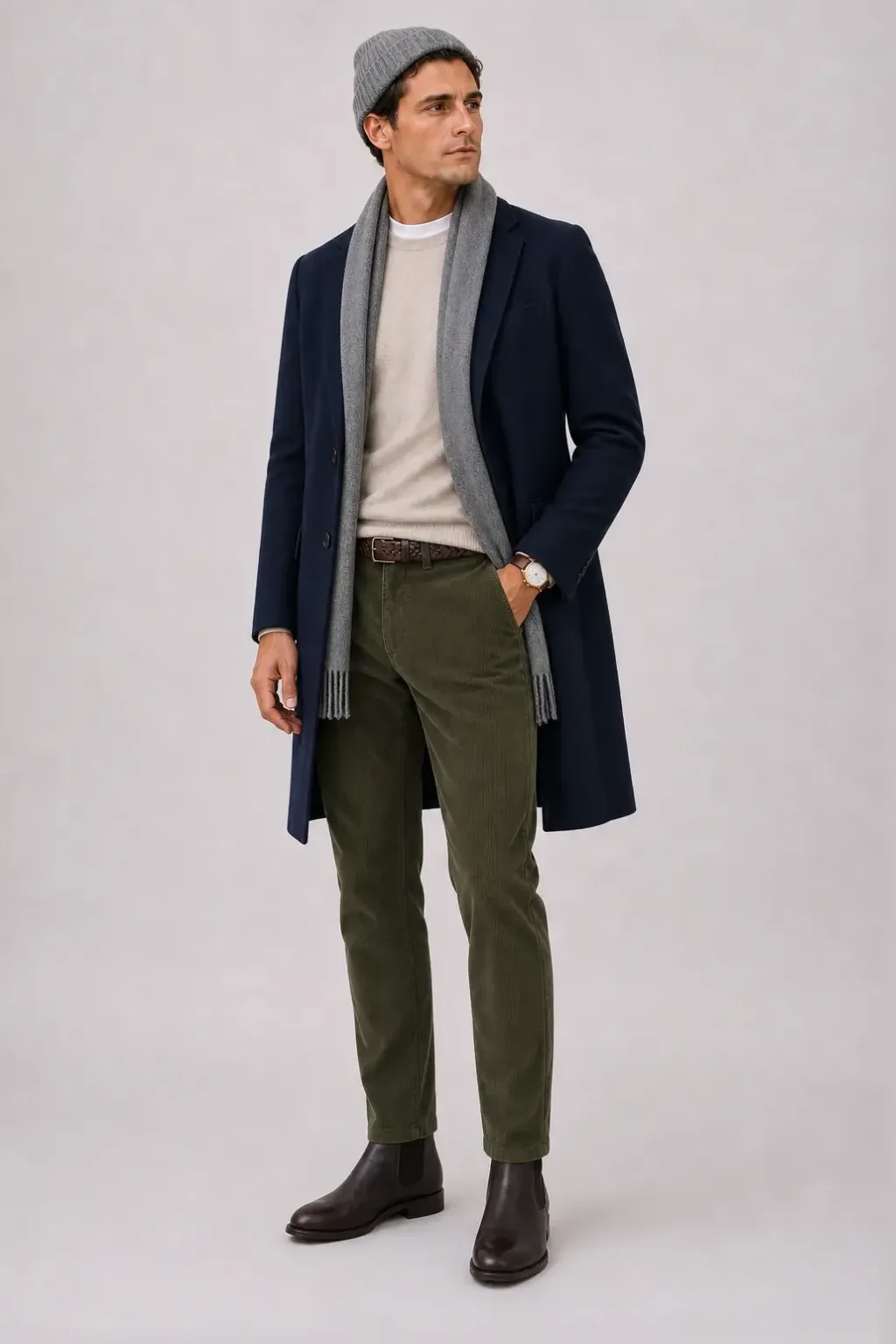 Langer Mantel Navy über Crewneck-Pullover Feinstrick Beige und T-Shirt Weiss, dazu Cordhose Oliv und Chelsea Boot