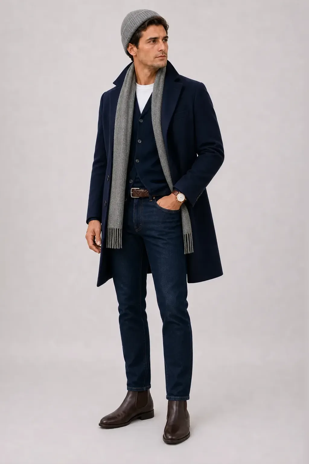 Langer Mantel Navy über Cardigan, dazu Jeans Navy und Chelsea Boot